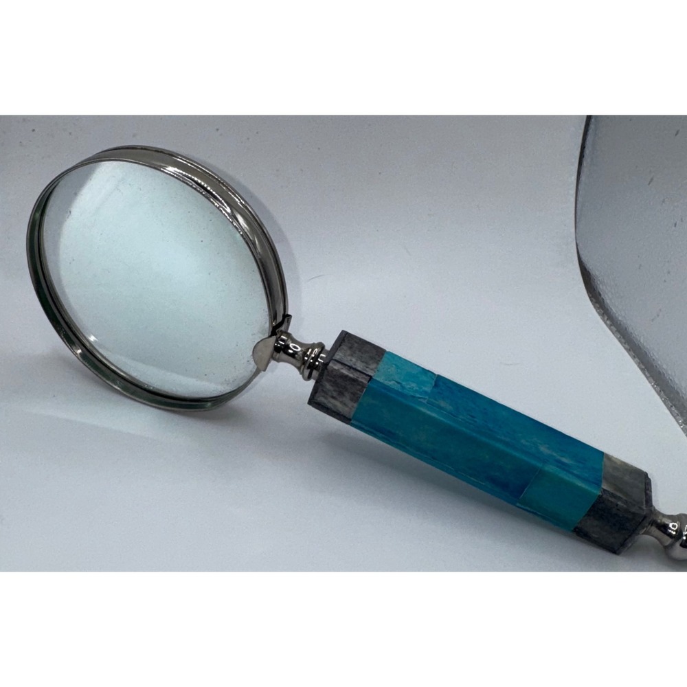 Vintage Style Blue Mosaic Tiled Handle Magnifying Glass Silver Metal 9.5 Inch
